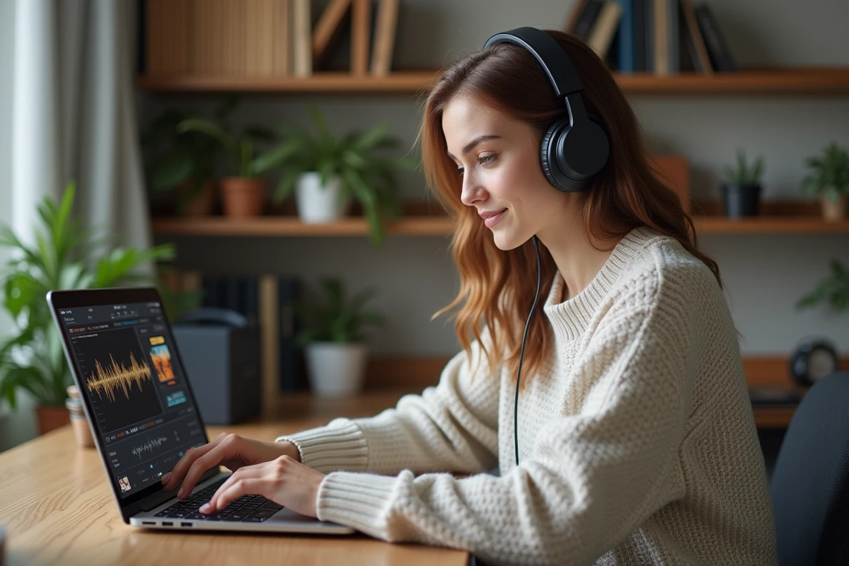 Femme ajustant audio sur ordinateur dans un bureau moderne