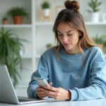 Jeune femme concentrée sur son smartphone dans un bureau moderne