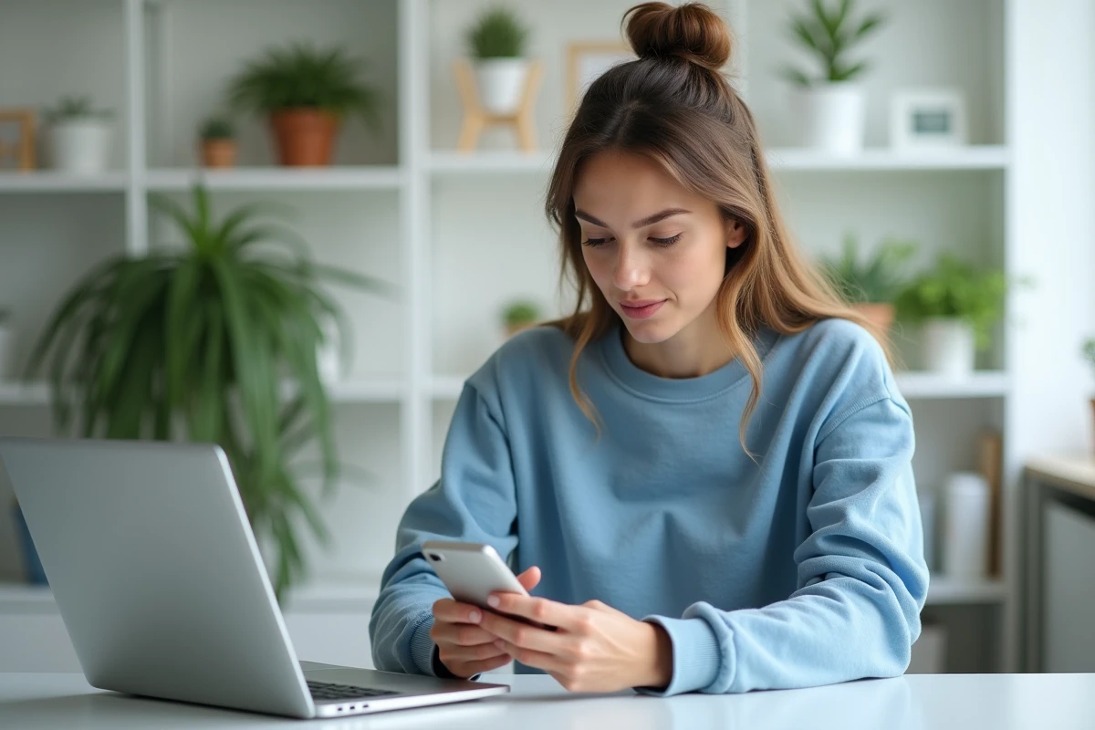 Jeune femme concentrée sur son smartphone dans un bureau moderne