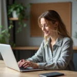 Femme organisée vérifiant sa boîte mail dans un bureau moderne