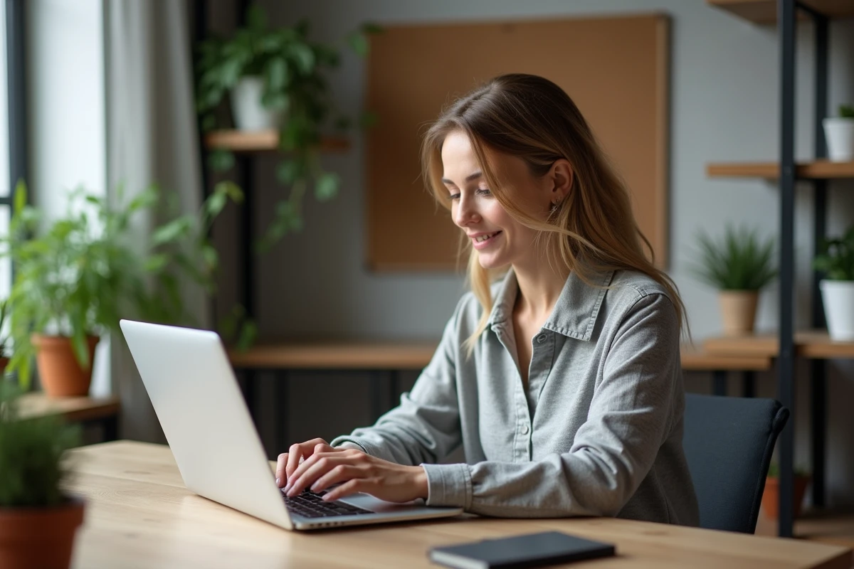 Femme organisée vérifiant sa boîte mail dans un bureau moderne
