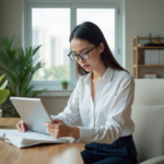 Jeune femme organisée avec tablette et carnet