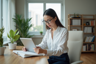 Jeune femme organisée avec tablette et carnet
