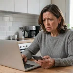 Femme frustrée face à une panne de sa box internet Convergence ac Grenoble, tenant un smartphone