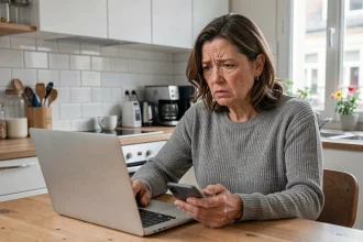 Femme frustrée face à une panne de sa box internet Convergence ac Grenoble, tenant un smartphone