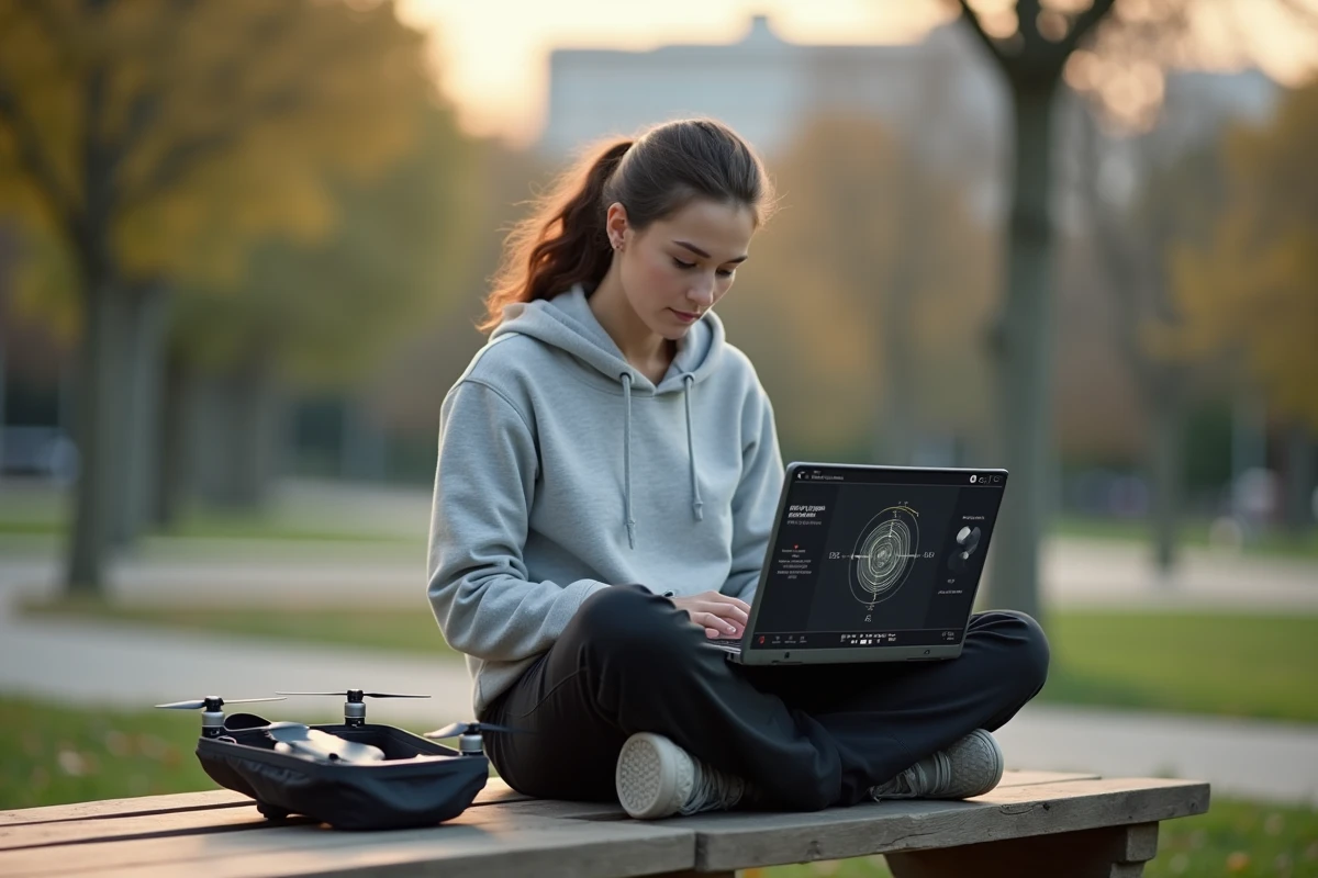 Femme étudiant les paramètres des modes de vol intelligents d'un drone sur ordinateur portable dans un parc urbain