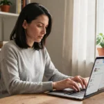 Femme consultant les paramètres de confidentialité Google Mon Activité sur son ordinateur portable dans un bureau à domicile