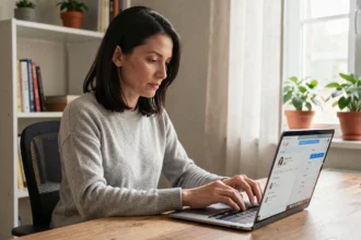 Femme consultant les paramètres de confidentialité Google Mon Activité sur son ordinateur portable dans un bureau à domicile