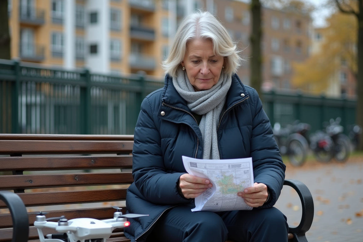 Femme examinant une carte de réglementation de drone dans un parc urbain