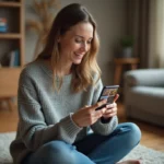 Femme consultant ses photos Google hors ligne sur smartphone dans un salon cosy