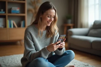 Femme consultant ses photos Google hors ligne sur smartphone dans un salon cosy