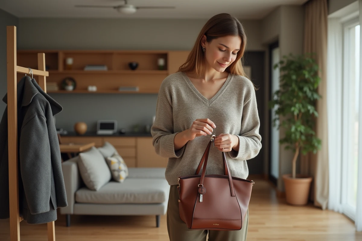 Femme cherchant ses clés avec un Trackrstyle dans son appartement
