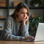 Femme sceptique regardant un site web suspect sur son ordinateur portable pour consulter un compte Instagram privé