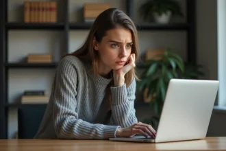 Femme sceptique regardant un site web suspect sur son ordinateur portable pour consulter un compte Instagram privé