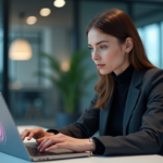 Jeune femme d'affaires examinant un ordinateur avec interface de securite