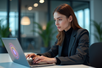 Jeune femme d'affaires examinant un ordinateur avec interface de securite