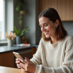 Femme assise dans une cuisine moderne en train de regarder son téléphone