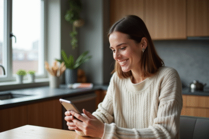 Femme assise dans une cuisine moderne en train de regarder son téléphone