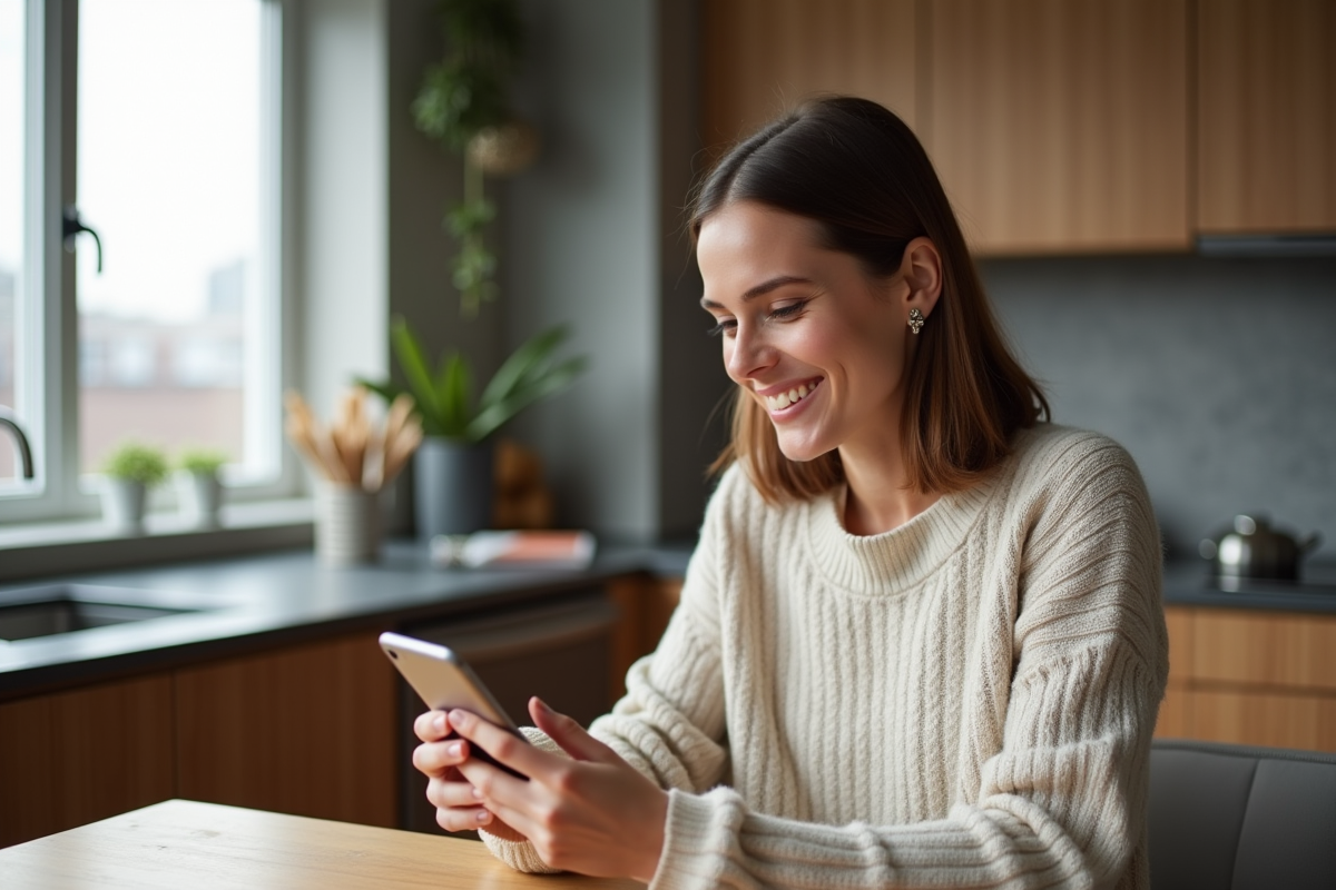 Femme assise dans une cuisine moderne en train de regarder son téléphone