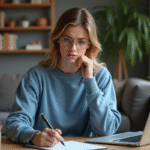Jeune femme assise à son bureau à la maison avec un ordinateur portable