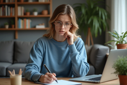 Jeune femme assise à son bureau à la maison avec un ordinateur portable