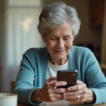Une femme senior souriante utilisant un smartphone Samsung Galaxy grand écran dans sa cuisine