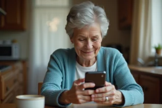 Une femme senior souriante utilisant un smartphone Samsung Galaxy grand écran dans sa cuisine