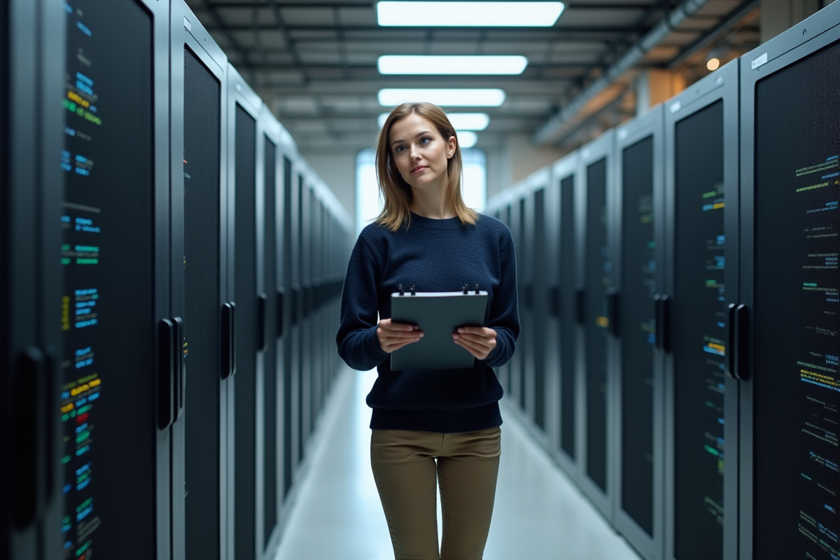 Femme surveillant un terminal dans une salle serveurs moderne