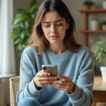 Jeune femme utilisant son smartphone dans un appartement lumineux