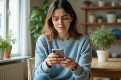 Jeune femme utilisant son smartphone dans un appartement lumineux