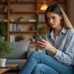 Jeune femme avec smartphone dans un salon cosy