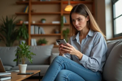 Jeune femme avec smartphone dans un salon cosy