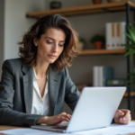 Femme en réunion analysant une stratégie SEO dans un bureau moderne