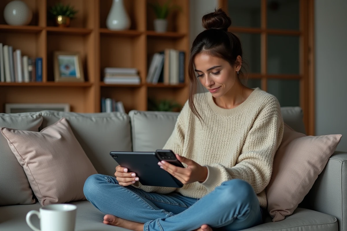 Femme assise sur un canapé comparant options WhatsApp sur sa tablette