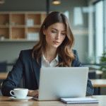 Femme concentrée au bureau avec diagrammes d'automatisation