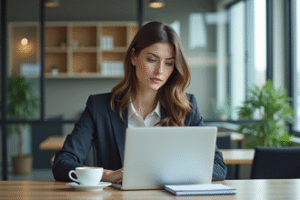Femme concentrée au bureau avec diagrammes d'automatisation