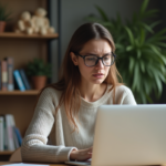 Jeune femme au bureau avec ordinateur et expression inquiète