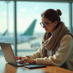 Femme concentrée travaillant sur son ordinateur à l'aéroport