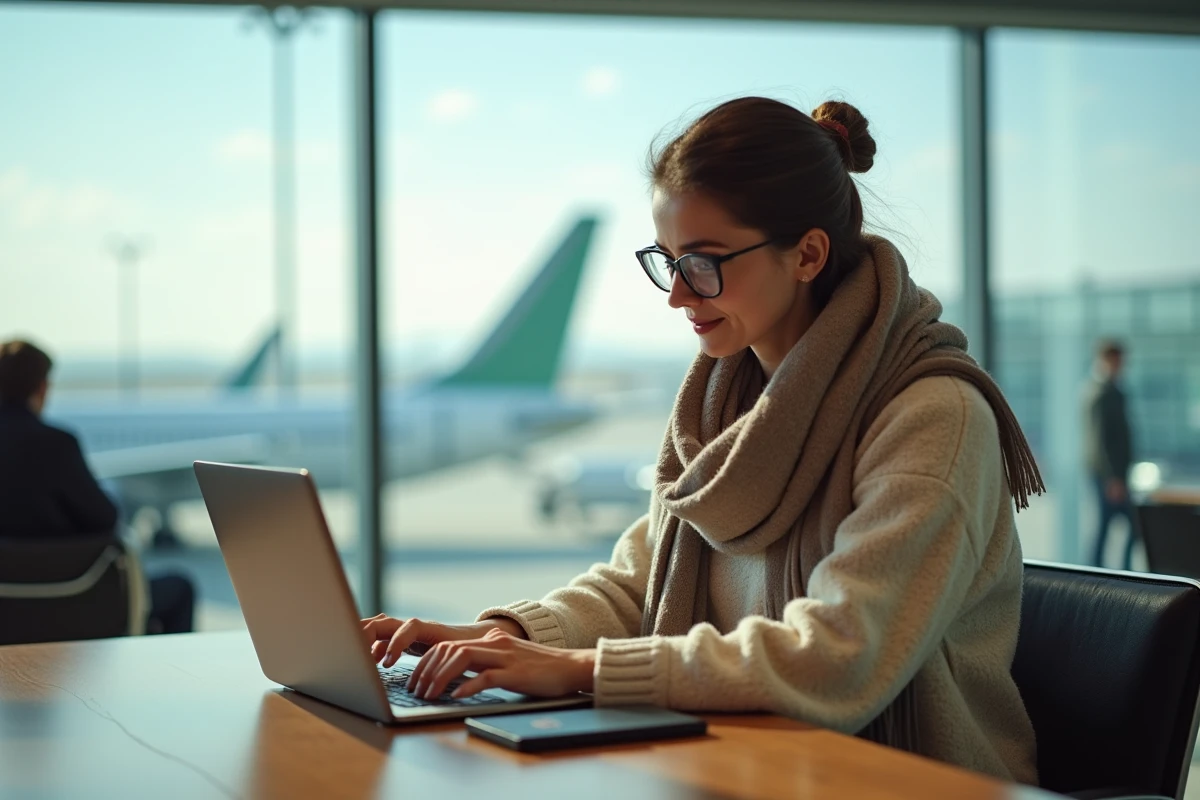 Femme concentrée travaillant sur son ordinateur à l'aéroport
