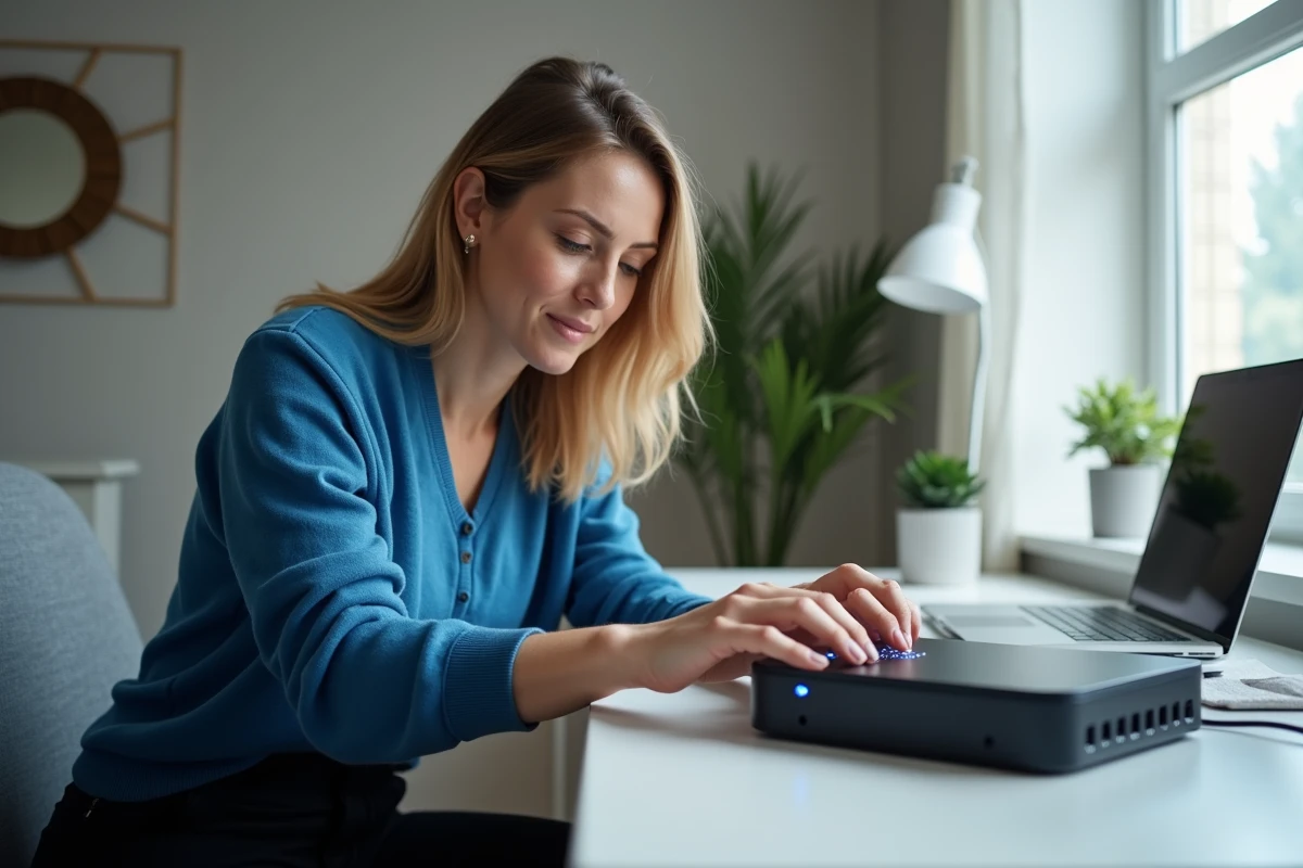 Femme vérifiant une box internet dans un bureau à domicile