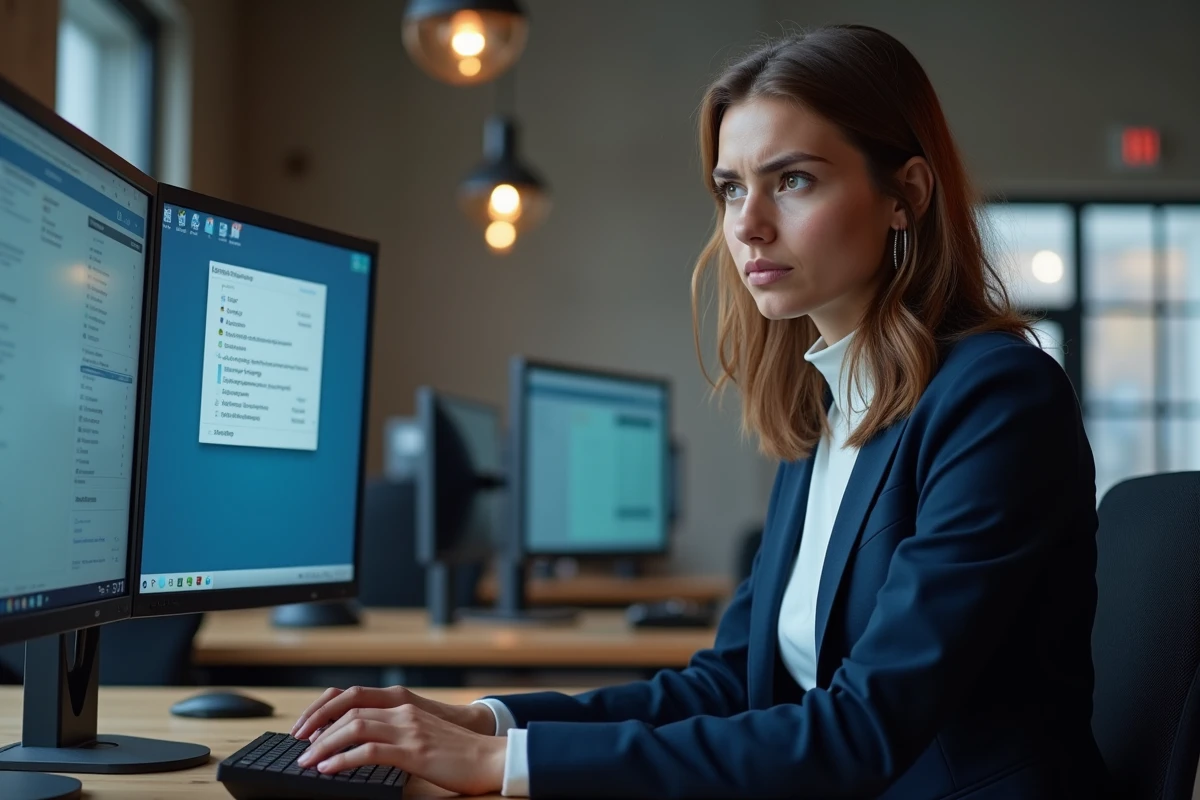 Jeune professionnelle face à une file d'impression bloquée sur son écran d'ordinateur en espace de coworking