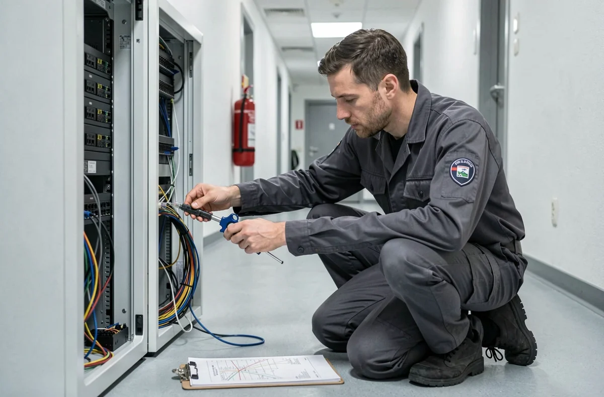 Technicien FixSystem gérant un câblage réseau dans une armoire de brassage à Guebwiller