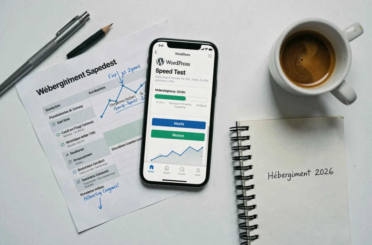 Vue aérienne d un bureau minimaliste avec smartphone affichant un test de performance WordPress et documents de comparaison d hébergeurs