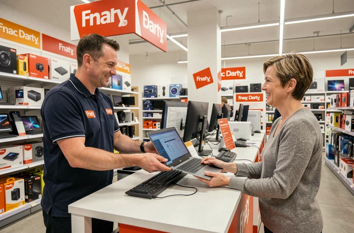 Technicien Fnac Darty remettant un ordinateur réparé à une cliente au comptoir de service après-vente