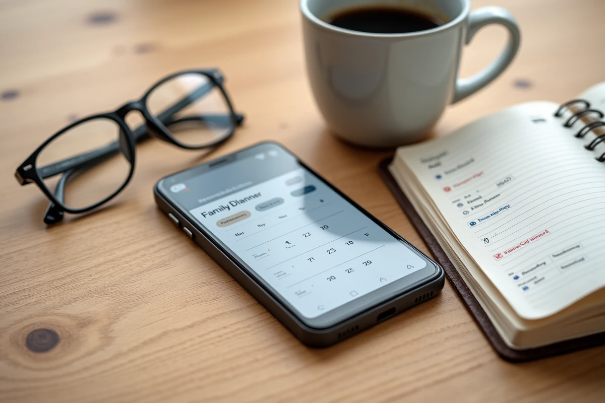 Google Pixel 6a posé sur une table familiale à côté d'un agenda et d'un café, vue de dessus