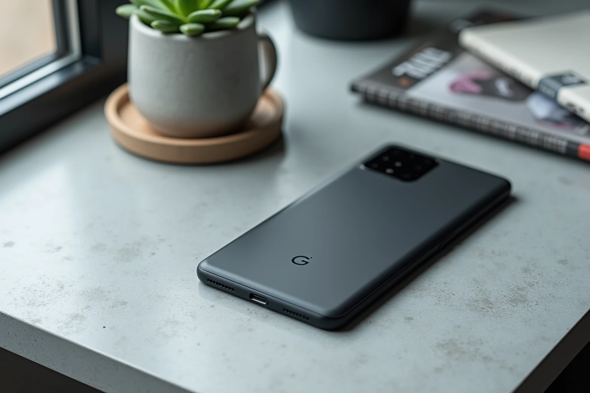 Google Pixel 8 Pro posé sur un bureau en béton minimaliste avec une tasse de café, dans une ambiance lifestyle épurée