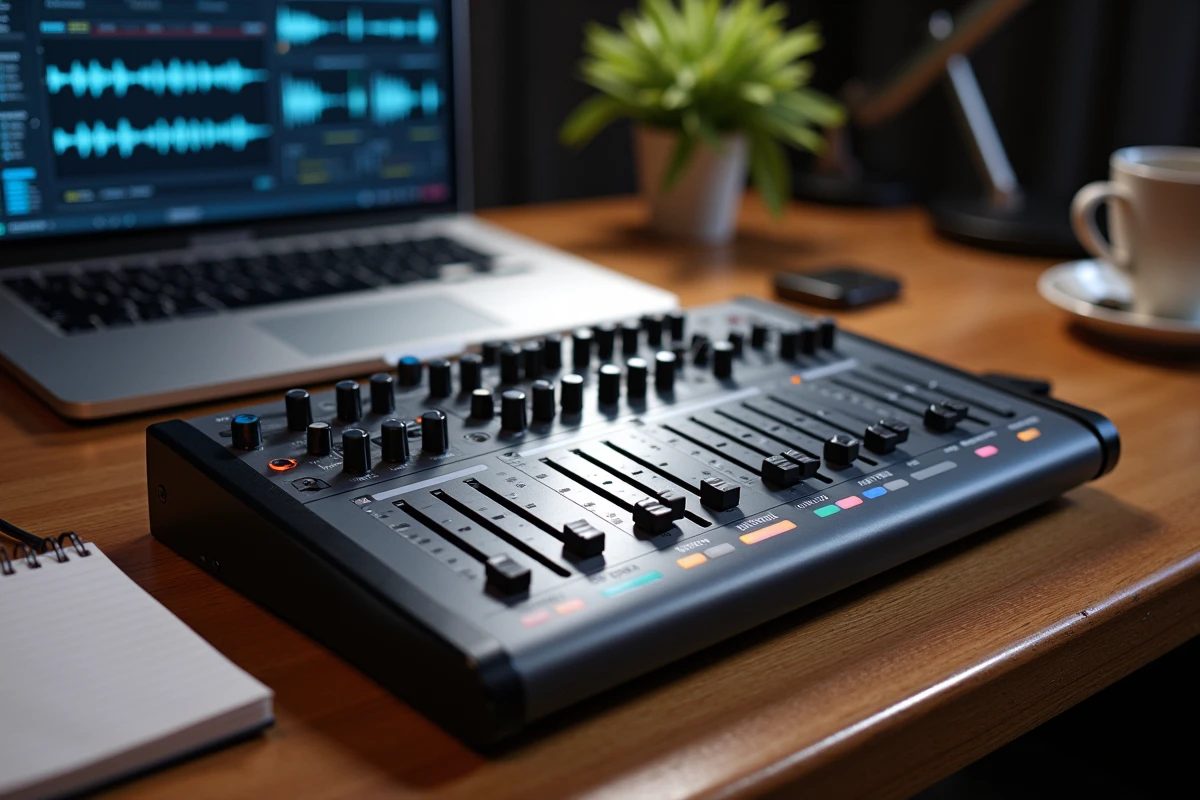 Gros plan sur les faders motorisés et encodeurs d'une console StudioLive connectée au logiciel Virtual StudioLive sur ordinateur portable