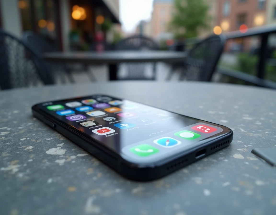 Gros plan d'un iPhone dernière génération posé sur une surface en pierre avec iOS affiché à l'écran