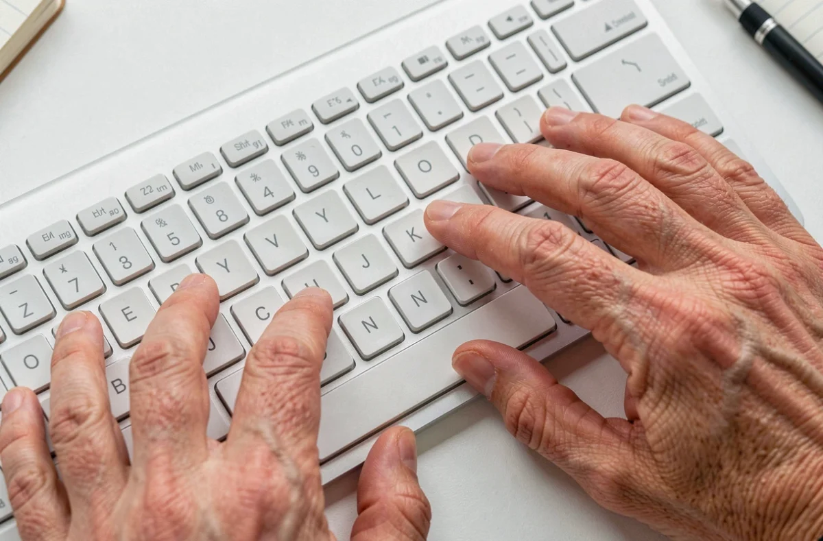 Gros plan sur des mains pressant les touches d'un clavier AZERTY pour écrire le C cédille majuscule Ç