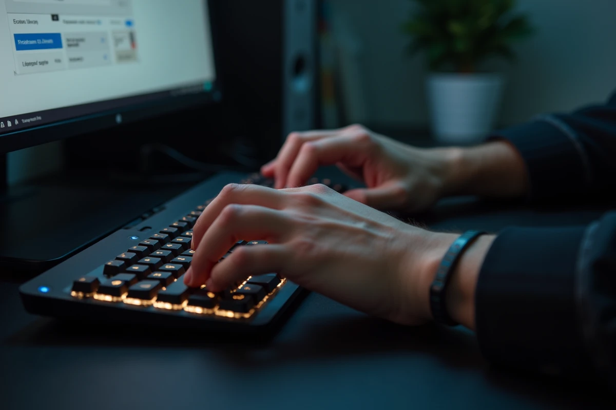 Gros plan sur des mains utilisant une combinaison de touches pour saisir un signe spécial sur clavier mécanique
